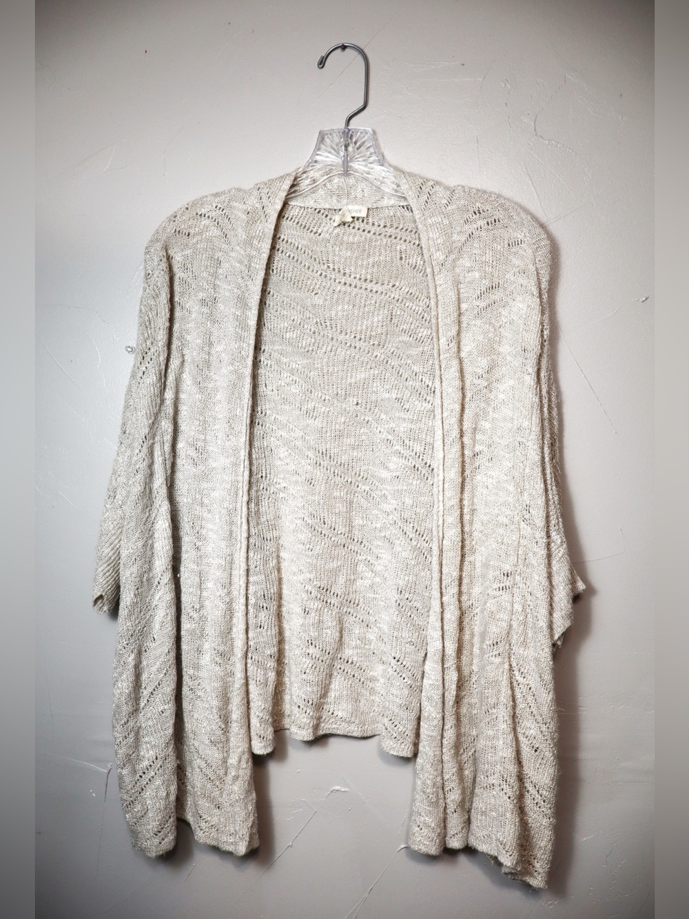 Eileen Fisher Oatmeal Linen Blend Short Sleeve Open Knit Cardigan Sweater